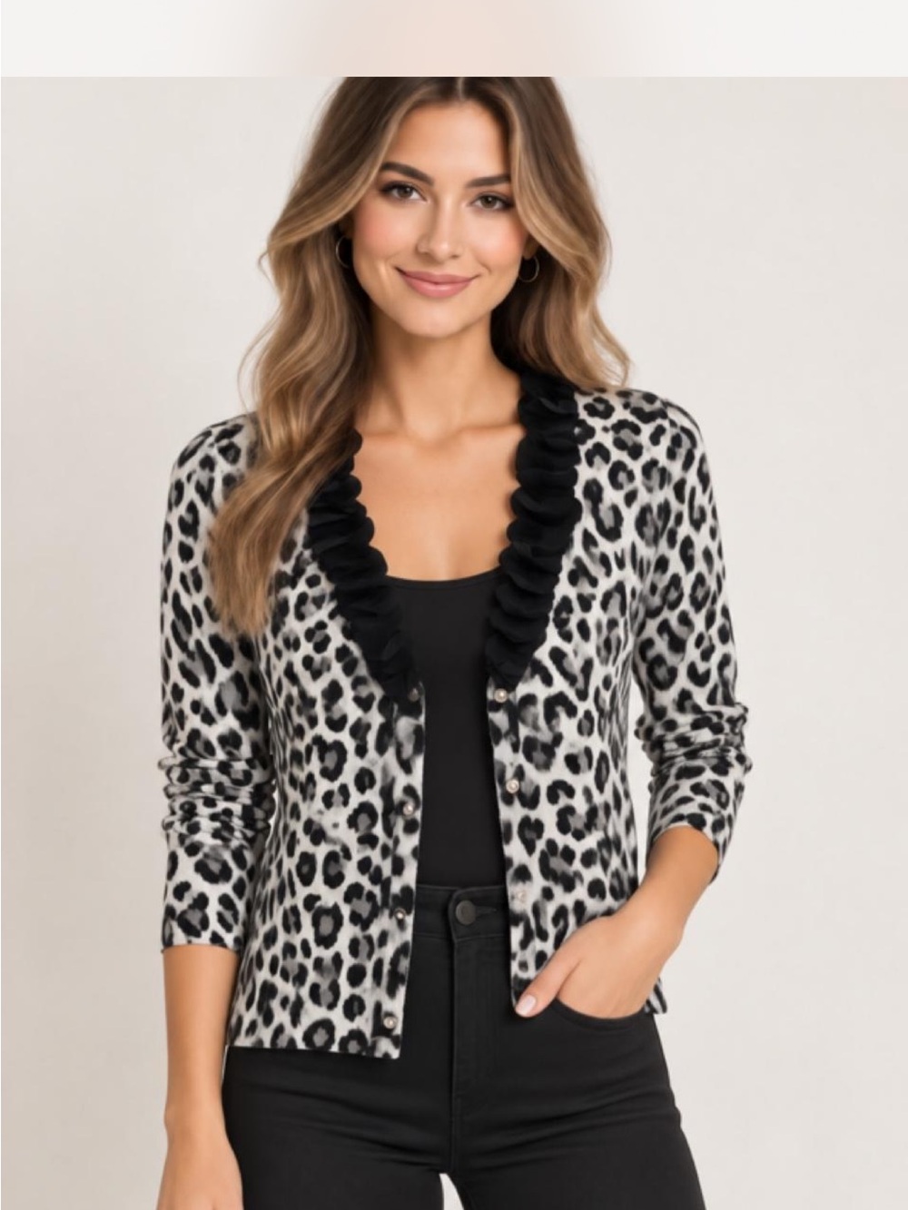 White House Black Market Black & White Leopard Ruffle-Trim Cardigan
